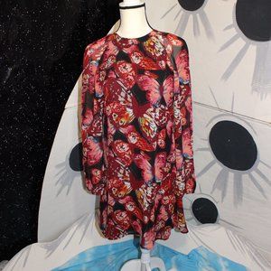 butterfly print shift dress Pearle 88 long sleeve A line bell sleeves back cut